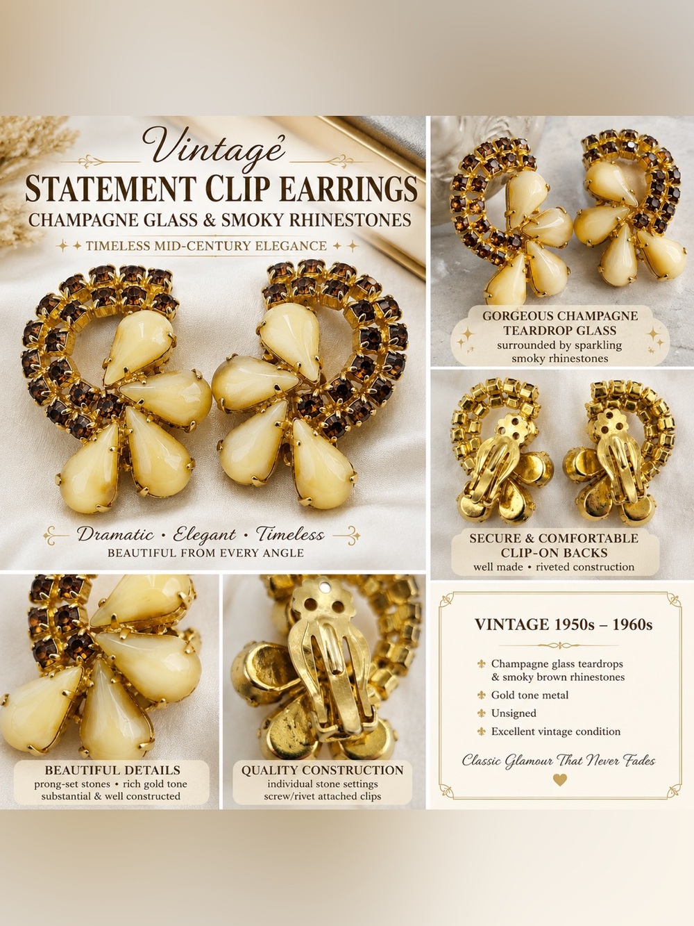 Vintage Champagne Teardrop Clip Earrings - Gold Tone